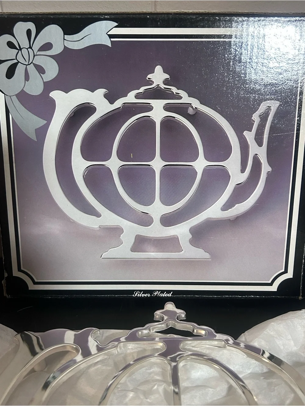 Silver Plated Teapot Shaped Trivet Hot Plate with Original Box Tea Decor